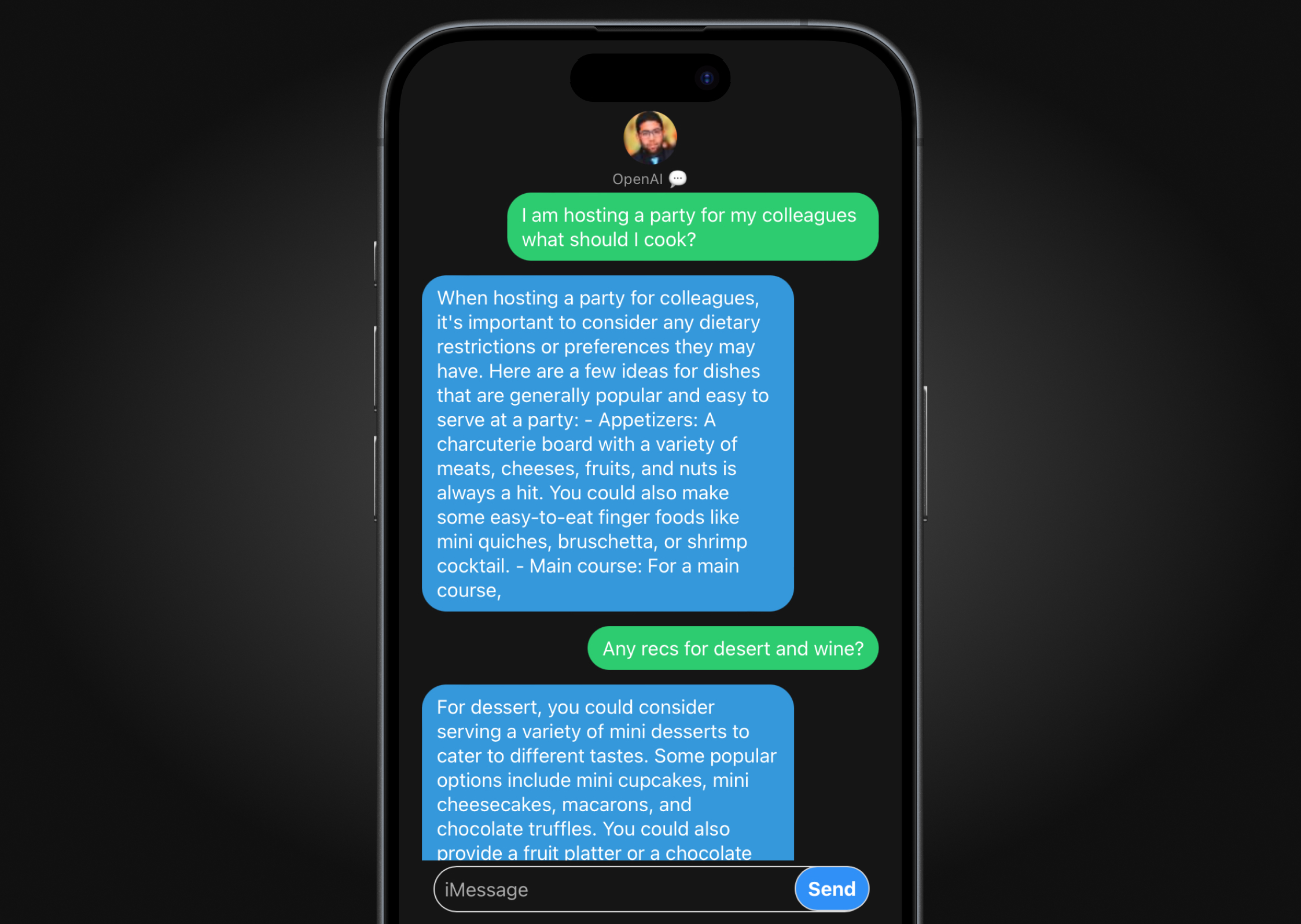A screenshot of the OpenAI iMessage App interface with a chat conversation.